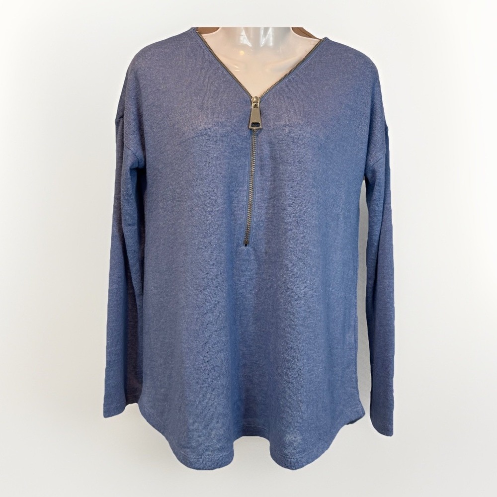 Soft Surroundings Blue Zip Neck Sweater Top Women's M Long Sleeve Knit Pullover
